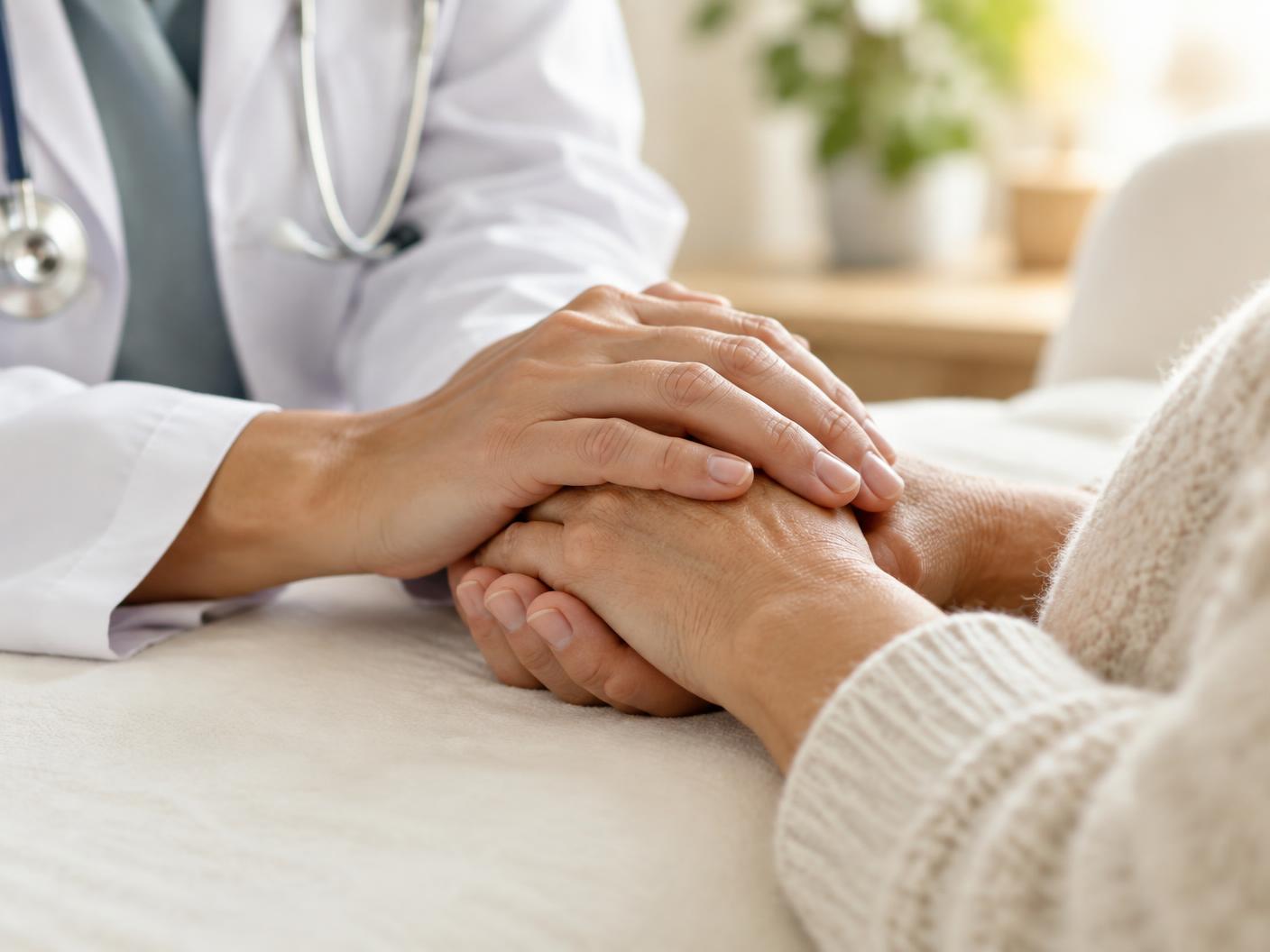 A doctor's hands gently holding a patient's hands
